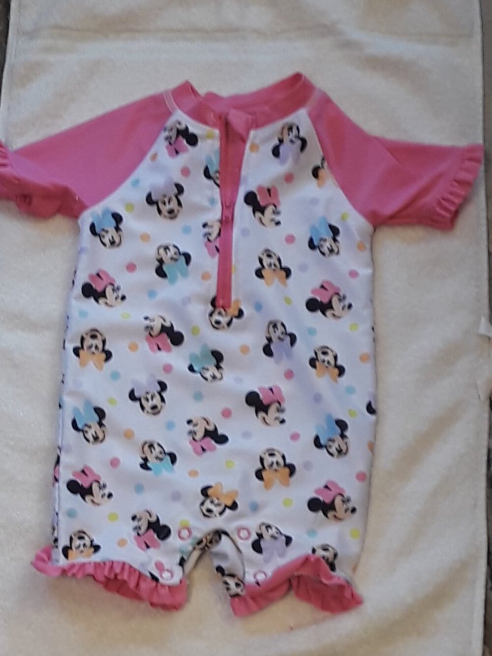 Disney Baby Minnie Mouse Polka Dot Bow Ruffle Zip Romper 12M Pink Sleeve Stretch